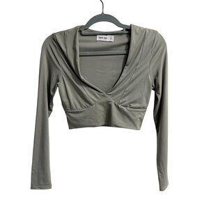 Tiger Mist Womens Long Sleeve Olive Green Wrap Crop Top Size S Deep V